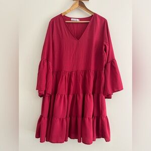 Tiered Babydoll Dress Size 2XL Plus Burgundy Flutter Sleeves Cotton Ruffle Boho